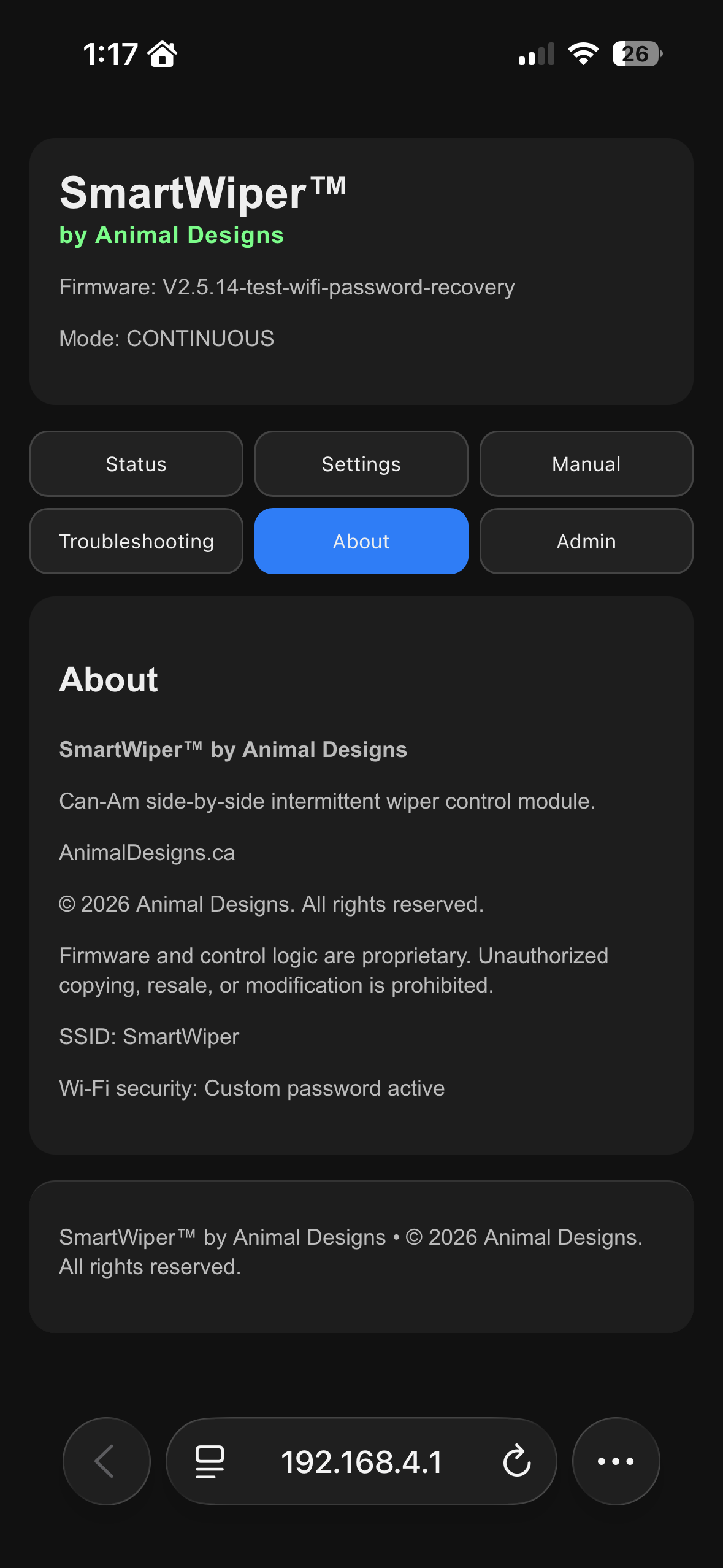 Smart Wiper product and Wi-Fi security details