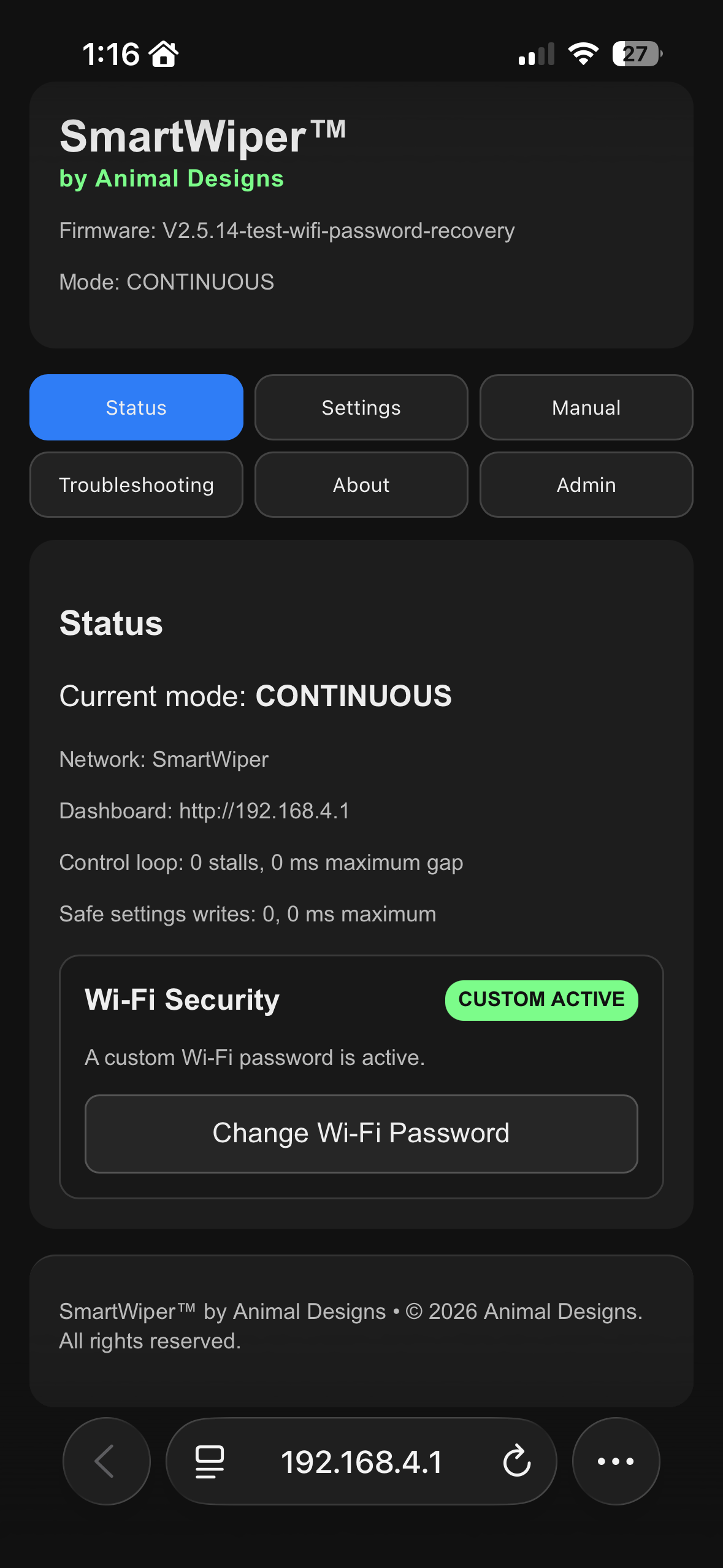 Smart Wiper phone dashboard