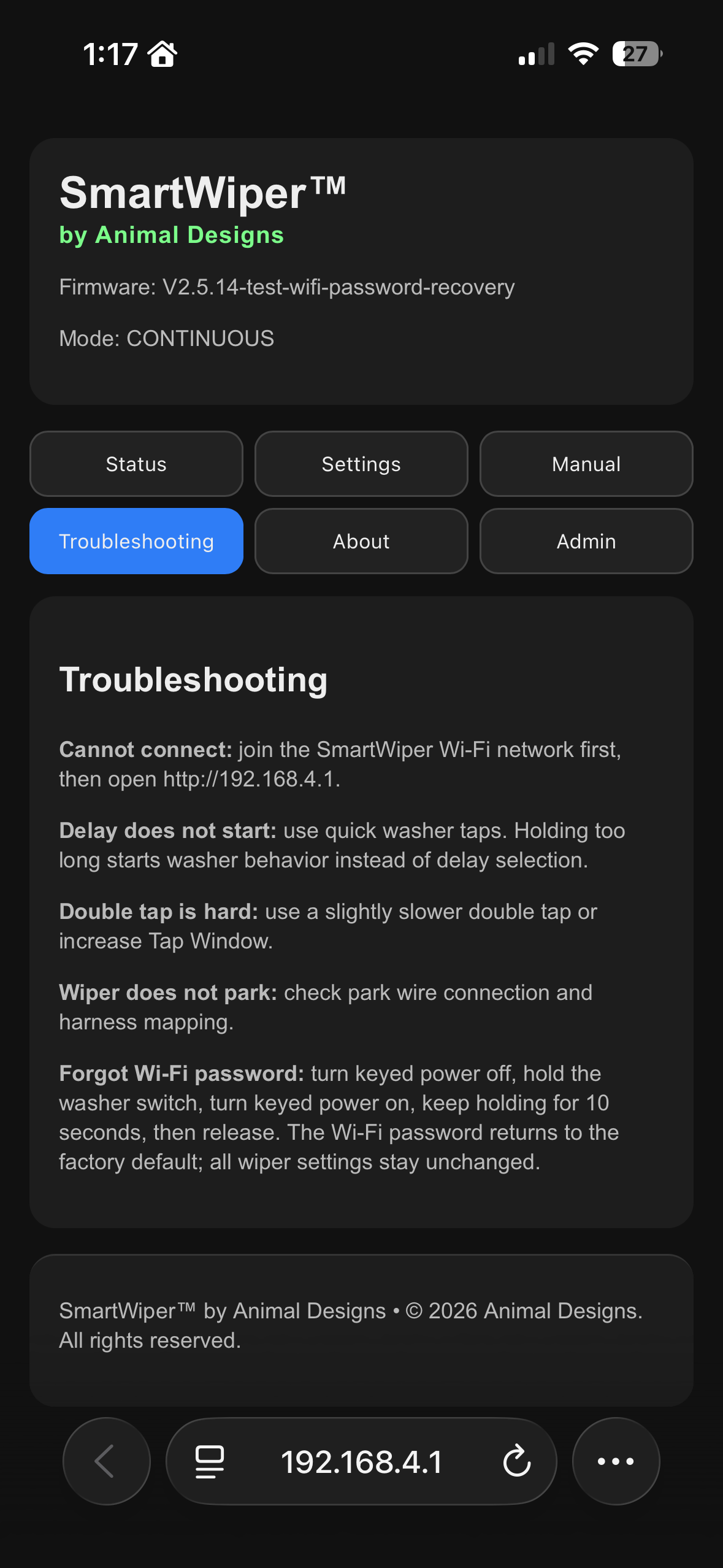 Smart Wiper built-in troubleshooting information