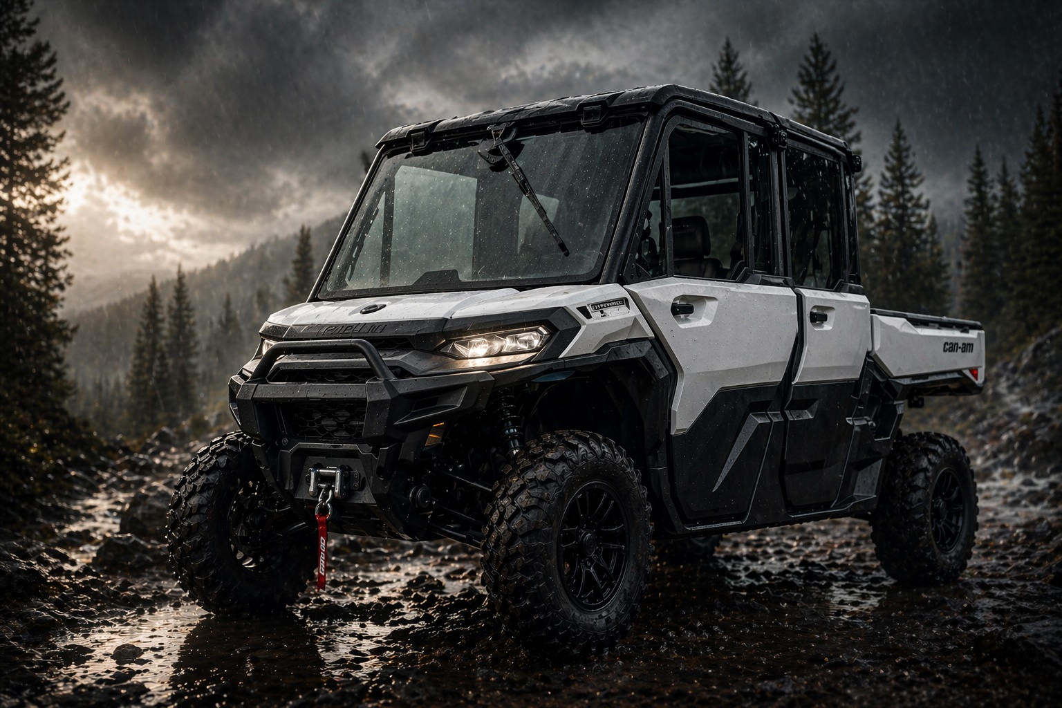 White Can-Am Defender in storm scene
