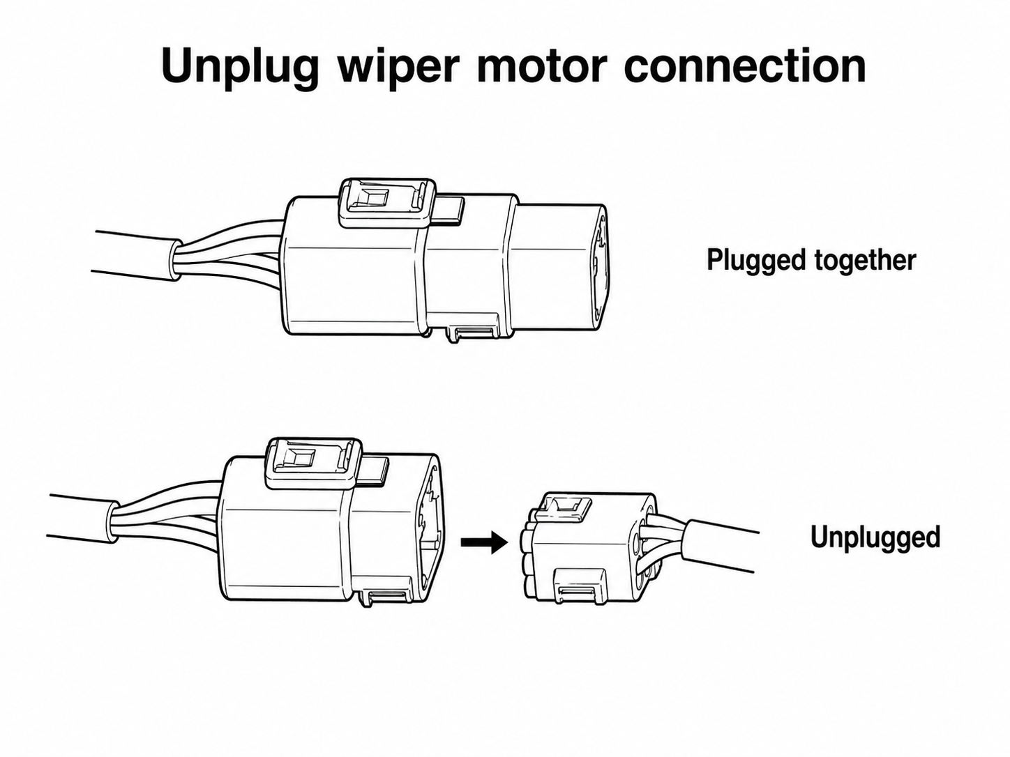 Wiper motor connector shown plugged together and unplugged