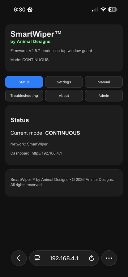 Smart Wiper phone dashboard preview